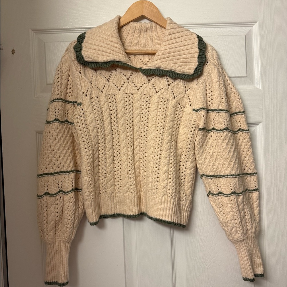 Ulla Johnson Cream and Green Knit Turtleneck Sweater